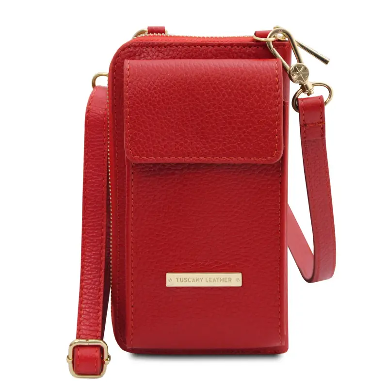 Portafoglio/portacellulare in pelle con tracolla Rosso Lipstick