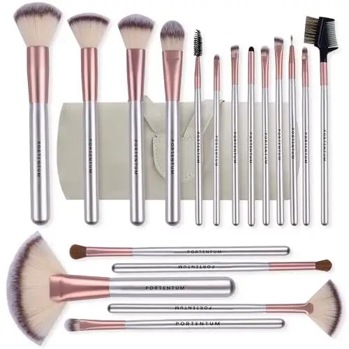 PORTENTUM Set Pennelli Make Up 18 Pezzi Con Custodia da Viaggio Manico in Legno Professionale Kabuki in Fibra Sintetica