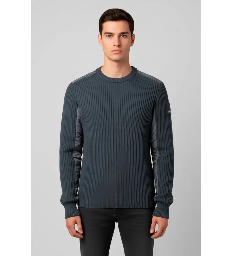 per uomo PMG26 Maglia a coste blu-grigiastro (S), Casual, Grigio, Lana