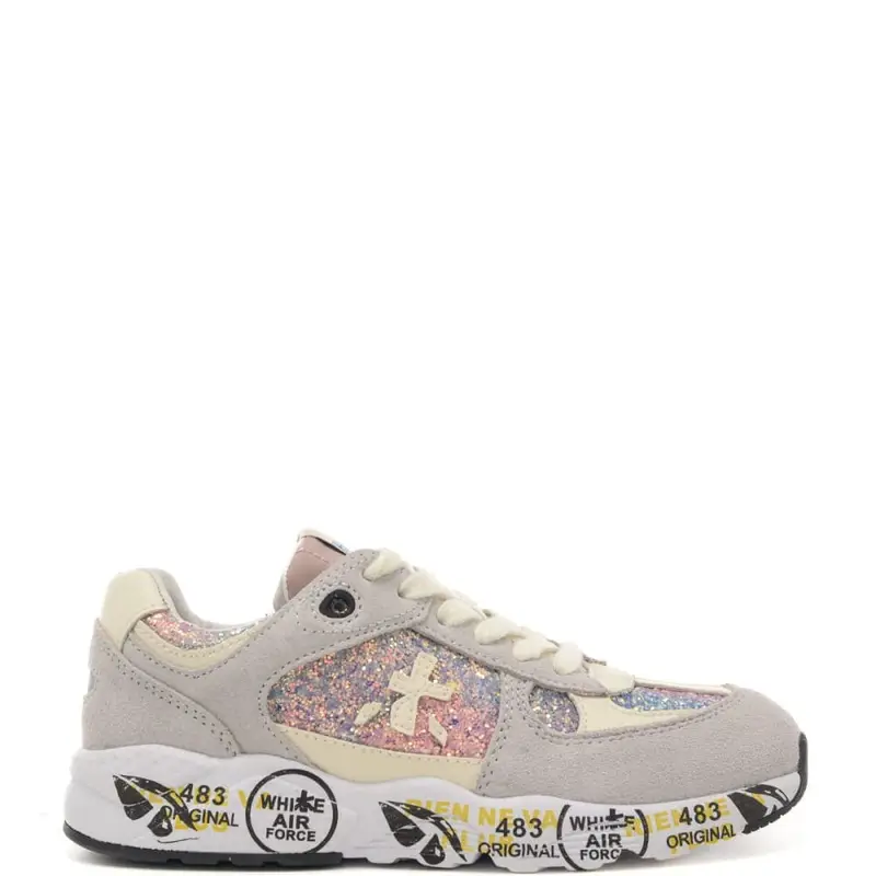Premiata sneakers da bambina in vera pelle scamosciata con inserti in tessuto grigio glitter