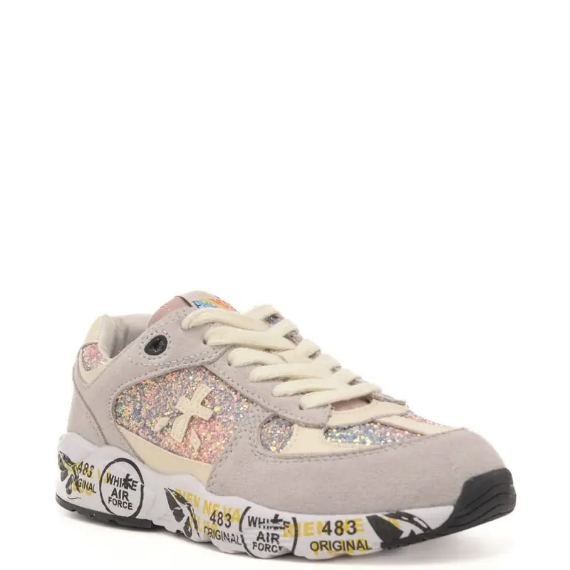 Premiata sneakers da bambina in vera pelle scamosciata con inserti in tessuto grigio glitter miniatura 2