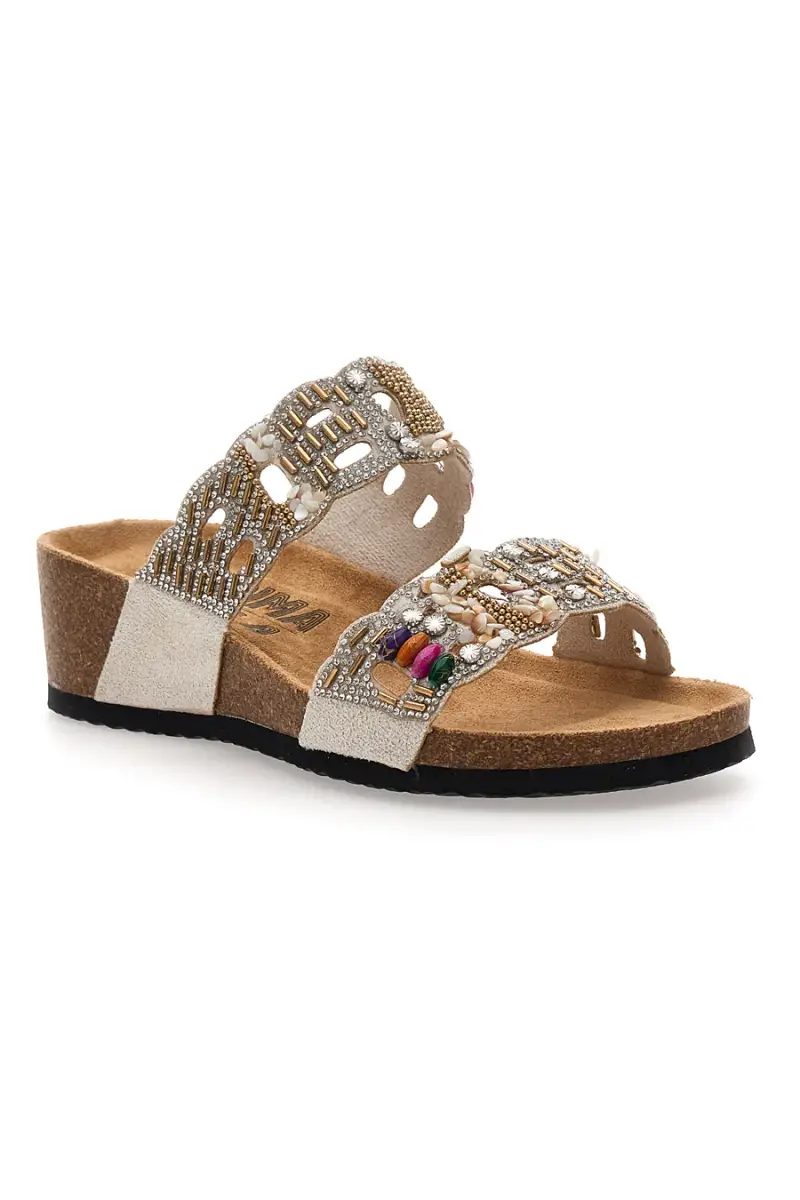 Ciabatte beige con doppia fascia decorata con strass e perline Prima Riga 14607 [BEIGE] miniatura 2