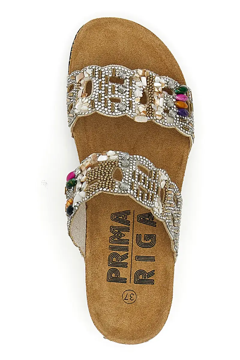 Ciabatte beige con doppia fascia decorata con strass e perline Prima Riga 14607 [BEIGE] miniatura 3