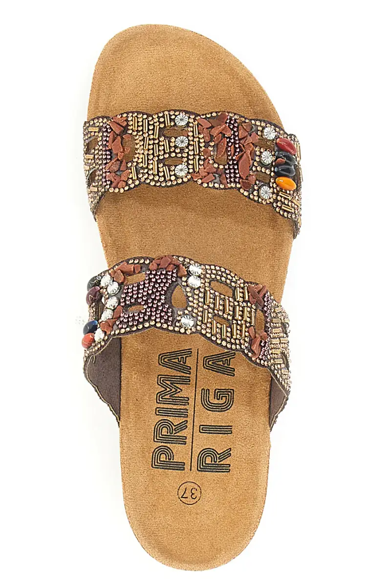 Ciabatte con doppia fascia decorata con strass e perline Prima Riga 14607 [MARRONE] miniatura 3