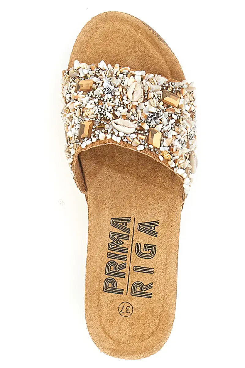 Ciabatte marroni con zeppa e applicazioni gioiello PRIMA RIGA 14229 [CAMEL] miniatura 3