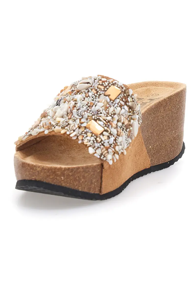 Ciabatte marroni con zeppa e applicazioni gioiello PRIMA RIGA 14229 [CAMEL] miniatura 4