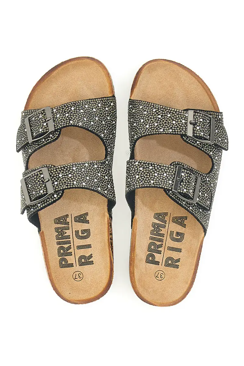 Ciabatte Nere con Doppia Fibbia e Tomaia Decorata PRIMA RIGA 14175 [NERO]