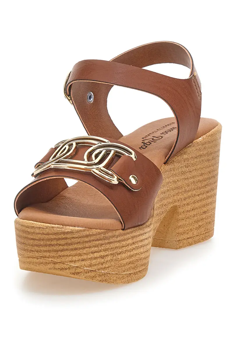 Sandali Marroni con Tacco A Blocco Alto PRIMA RIGA 9 [CUOIO] miniatura 3