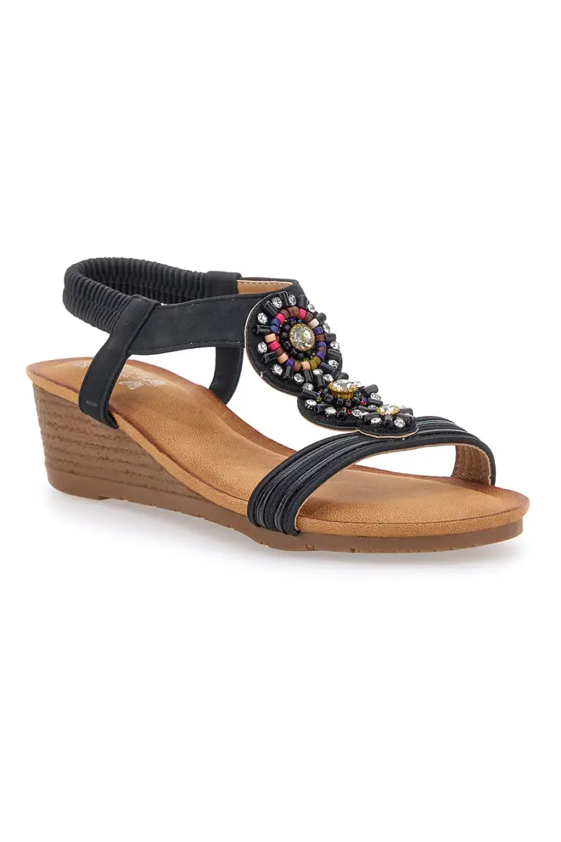 Sandali Neri Con Zeppa e Perline Prima Riga FT0893 [NERO] miniatura 2