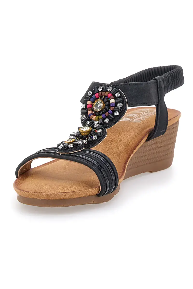 Sandali Neri Con Zeppa e Perline Prima Riga FT0893 [NERO] miniatura 3