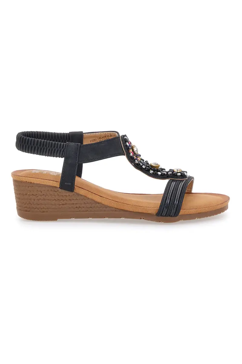 Sandali Neri Con Zeppa e Perline Prima Riga FT0893 [NERO]