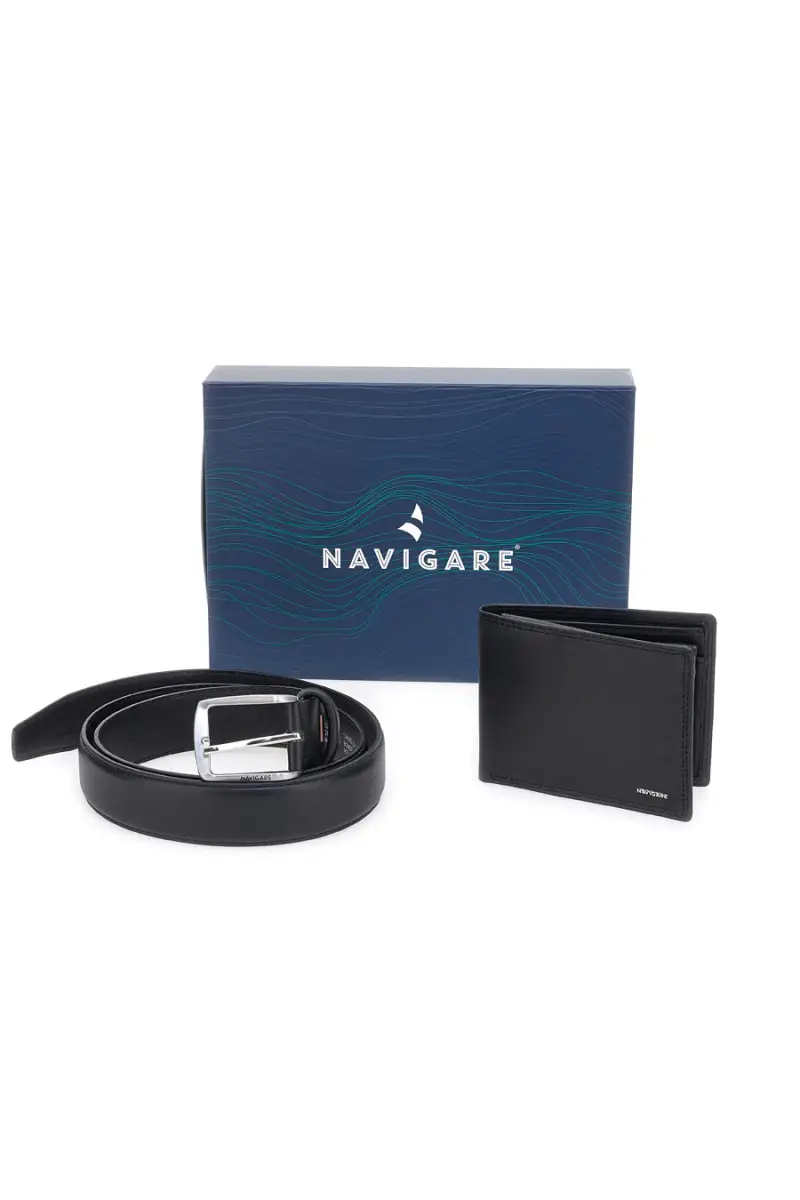 Set Cofanetto cintura e portafoglio nero in vera pelle Navigare PR008-1 [NERO]