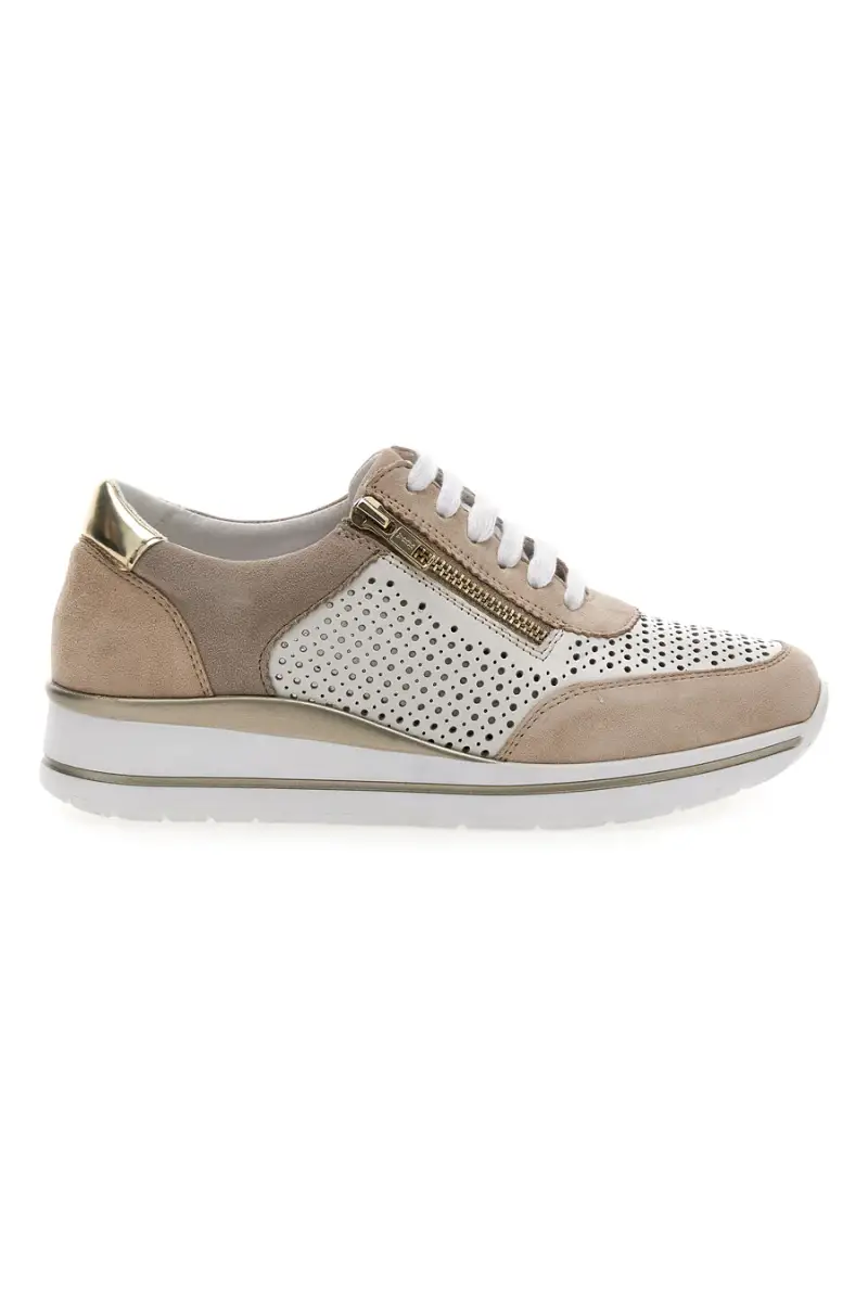 Sneakers Beige Bianco in pelle con lacci e zip Prima riga 21668FAST [IVORY]