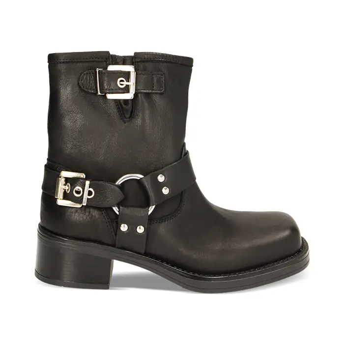 Biker nero in pelle, tacco 4,8 cm