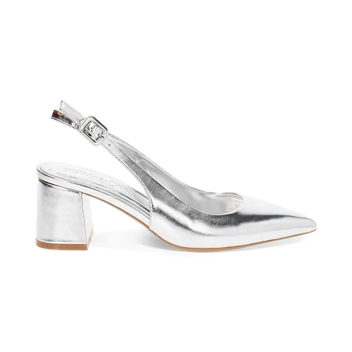 Décolleté slingback donna argentate, tacco largo 6,5 cm