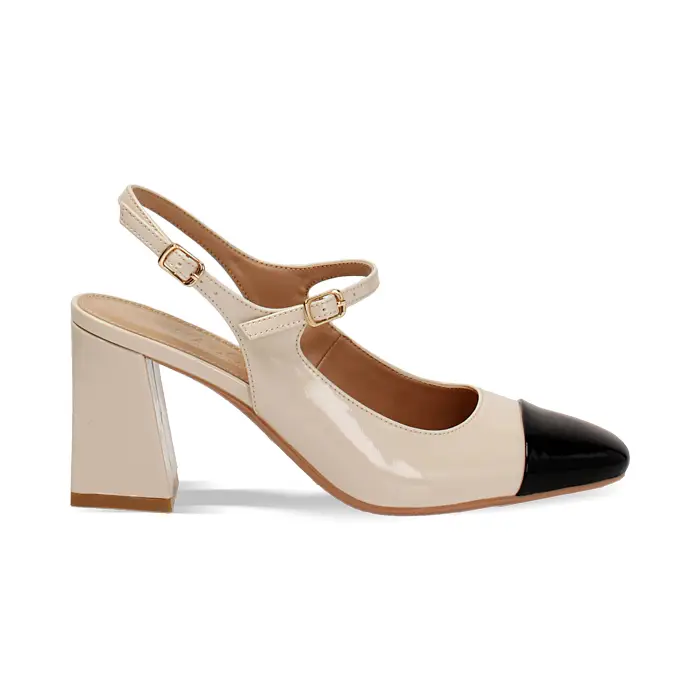 Décolleté slingback donna beige-nere in vernice, tacco largo 7,5 cm