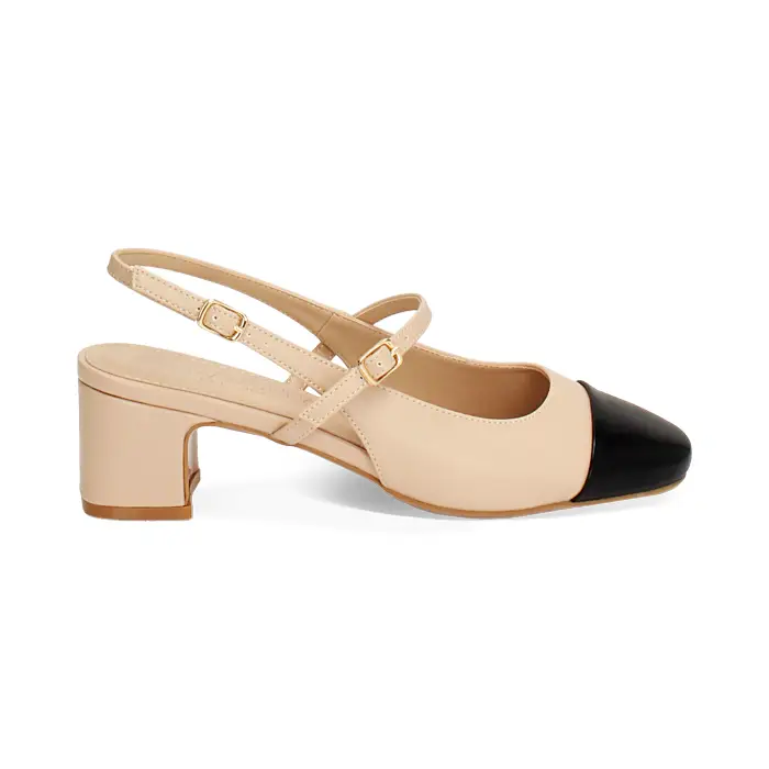 Décolleté slingback donna beige-nere, tacco largo 5 cm