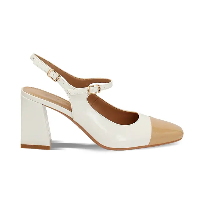 Décolleté slingback donna bianche-camel in vernice, tacco largo 7,5 cm
