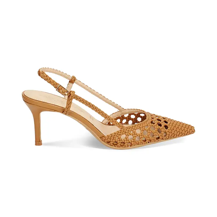 Décolleté slingback donna cognac con intreccio, tacco 7 cm