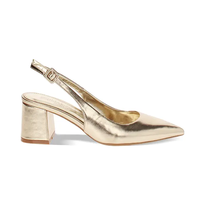 Décolleté slingback donna dorate, tacco largo 6,5 cm