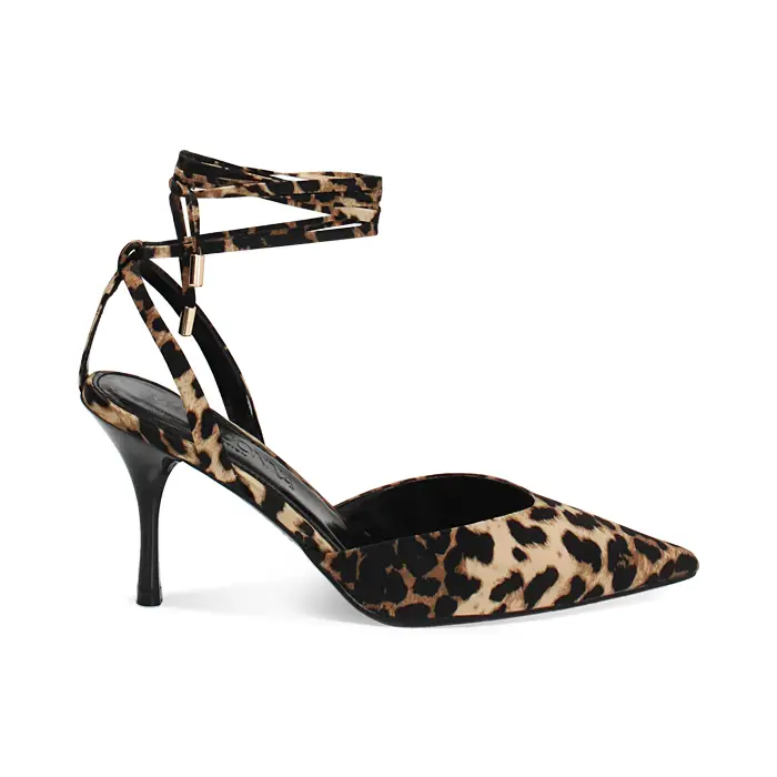 Décolleté slingback donna leopardate allacciate in raso, tacco 8,5 cm