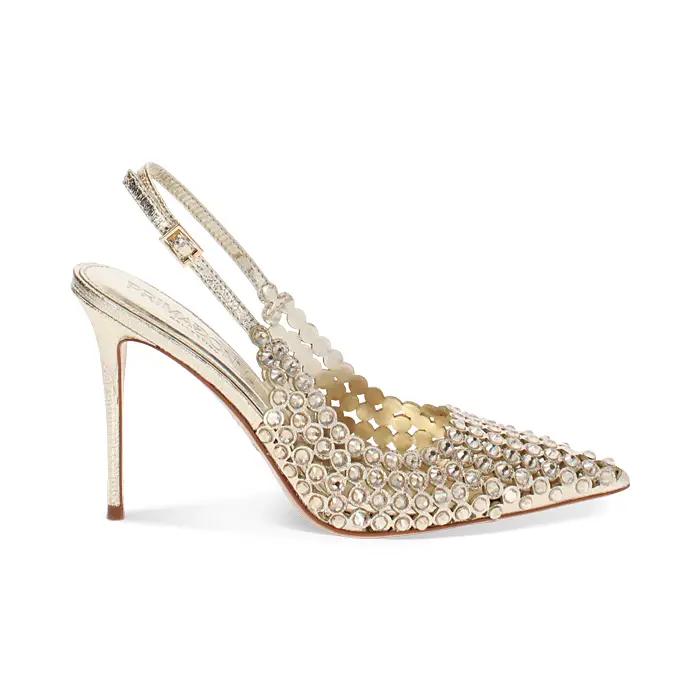 Décolleté slingback donna oro con pietre, tacco 10 cm