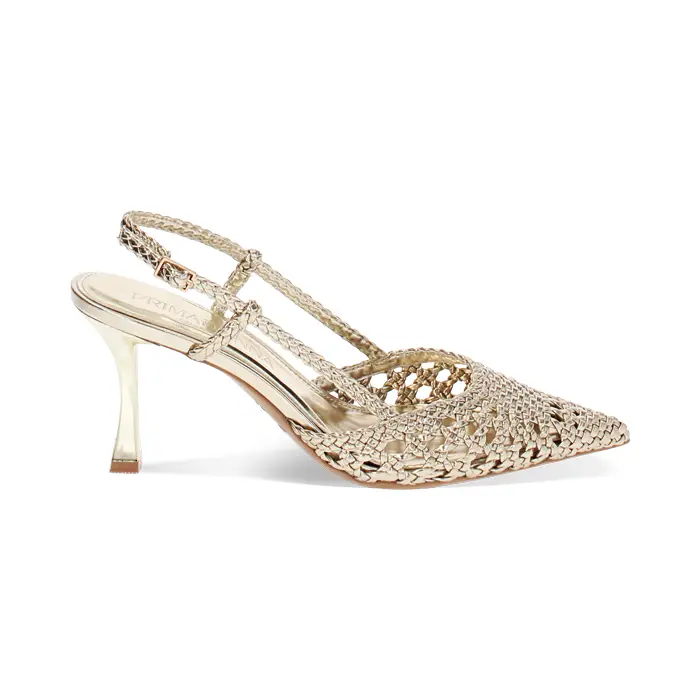 Décolleté slingback donna oro intrecciate, tacco 7,5 cm