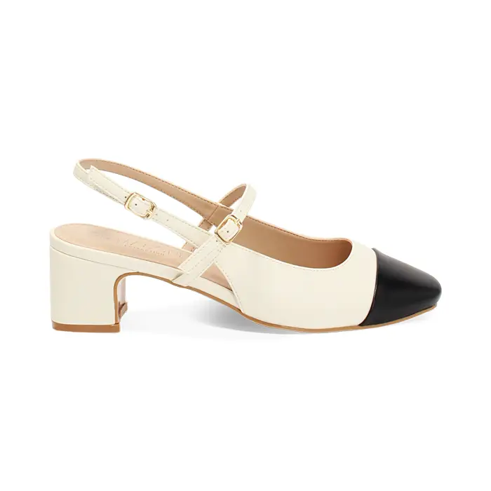 Décolleté slingback donna panna-nere, tacco largo 5 cm