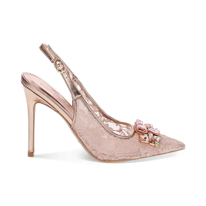 Décolleté slingback donna rosa in pizzo, tacco 11 cm