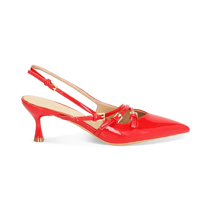 Décolleté slingback donna rosse con cinturini, tacco 6 cm