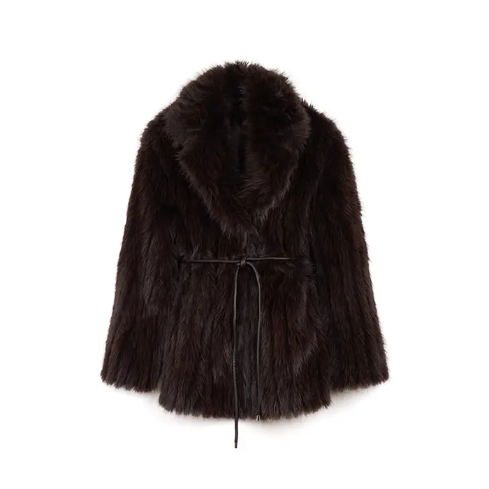 Giacca in pelo sintetico color testa di moro con cintura