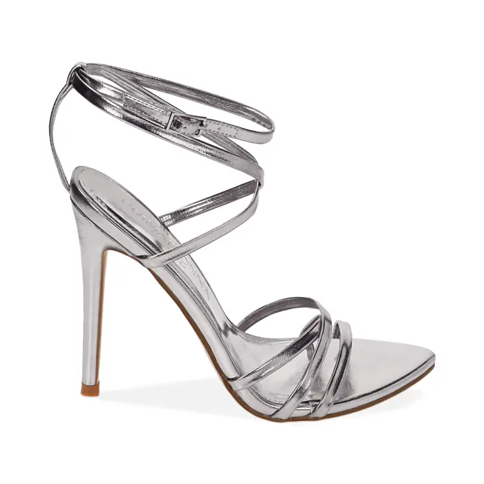 Sandali argento laminato, tacco 10, 5 cm