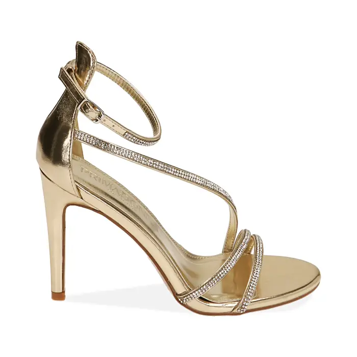 Sandali oro con strass, tacco 10 cm