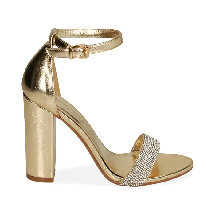 Sandali oro laminato, tacco 10,5 cm