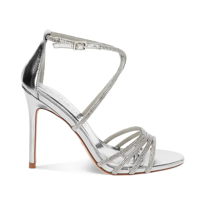 Sandalo donna argentato con strass, tacco 10,5 cm
