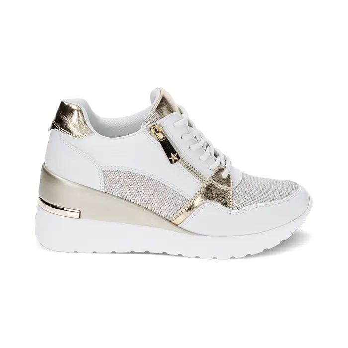 Sneakers bianco/oro, zeppa 7 cm