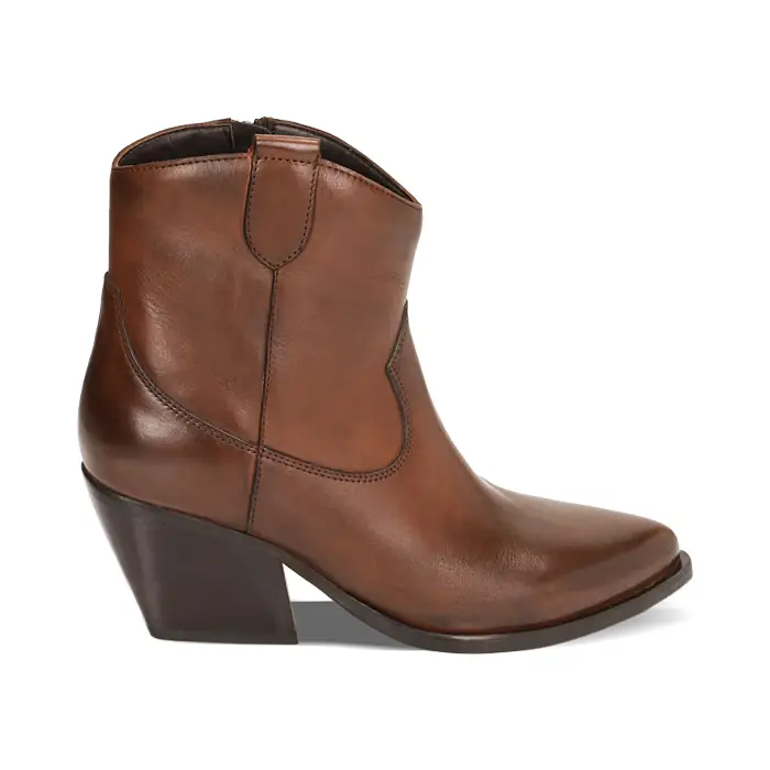 Stivaletti texani marroni in pelle, tacco 7,4 cm