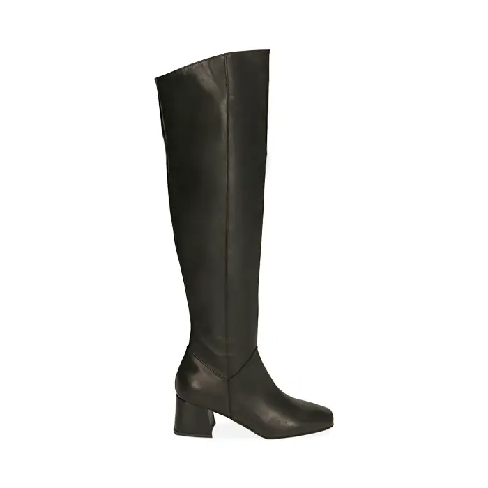 Stivali overknee neri in pelle, tacco 6 cm