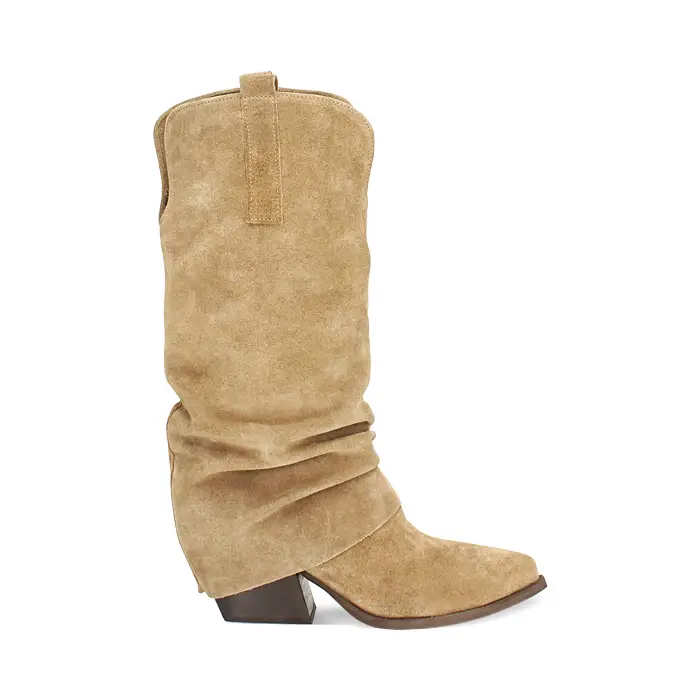 Stivali texani in camoscio taupe con tacco 6 cm