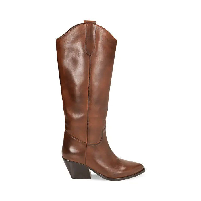 Stivali texani marroni in pelle, tacco 7,4 cm