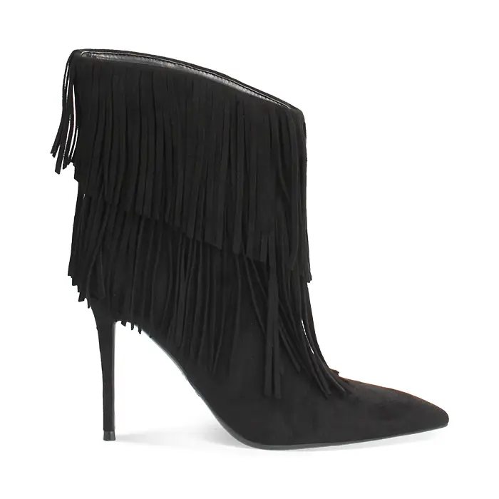 Tronchetti neri in microfibra con frange e tacco 10 cm