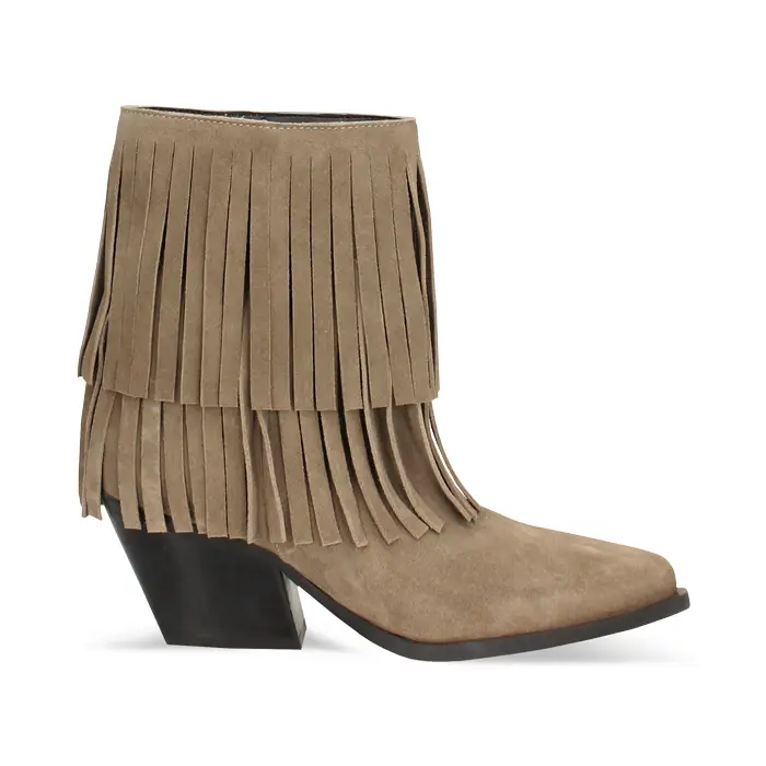 Tronchetti texani in camoscio taupe con frange