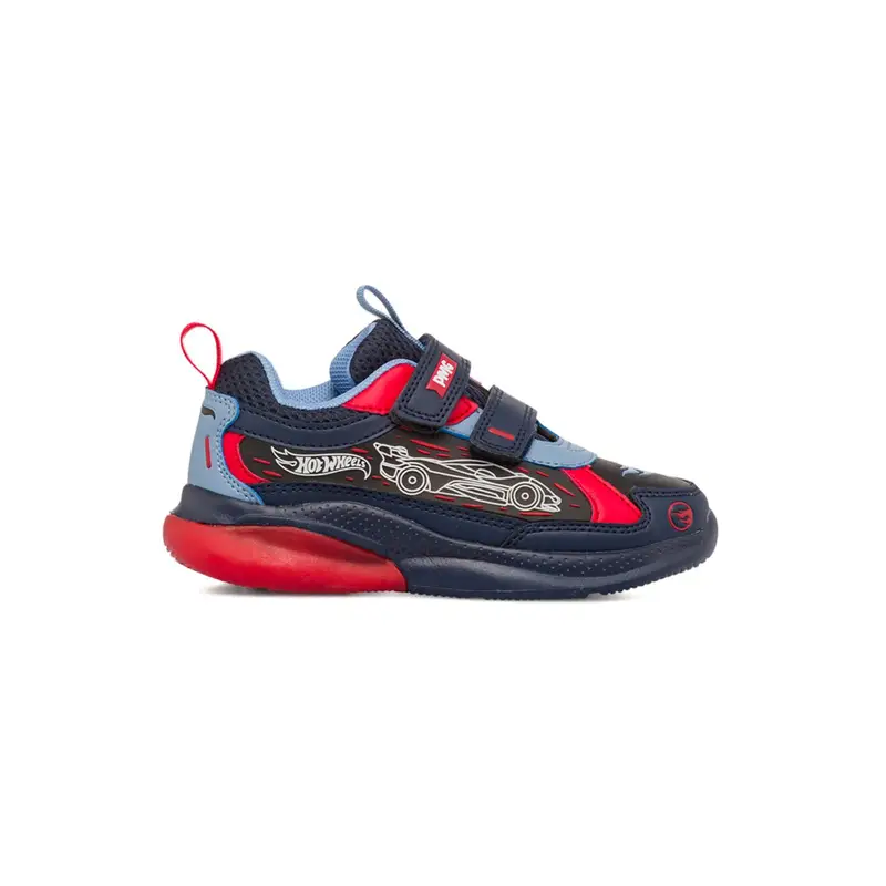Sneakers blu e rosse da bambino con dettaglio cartoon Hot Wheels e velcro