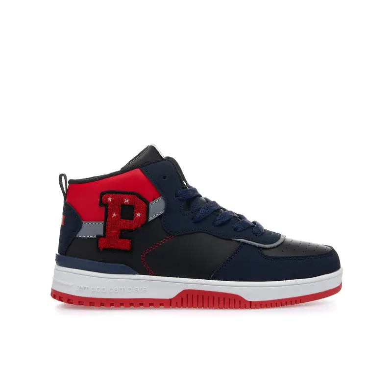 Sneakers da bimbo alte blu e rosse con logo patch in tessuto