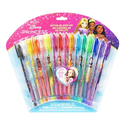 Principesse Disney set di penne glitter per body art da 16 pezzi, colori scintillanti e luminosi, a partire dai 3 anni