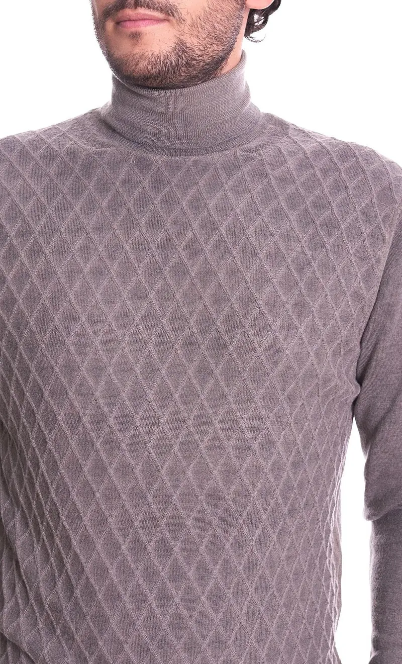 Maglia collo alto a rombi privati firenze in lana merino, colore fango miniatura 2