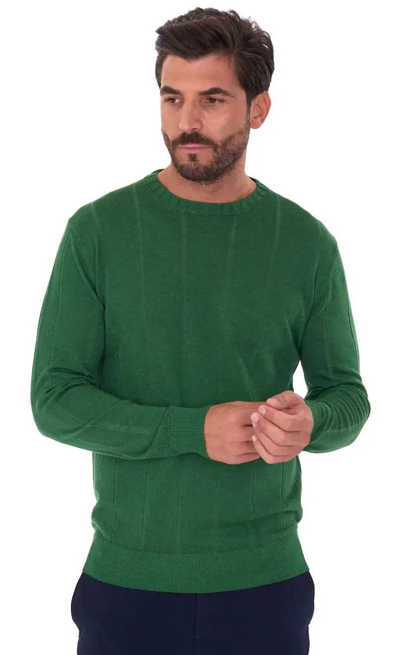 Maglia girocollo a coste privati firenze in lana merino lavata, colore verde