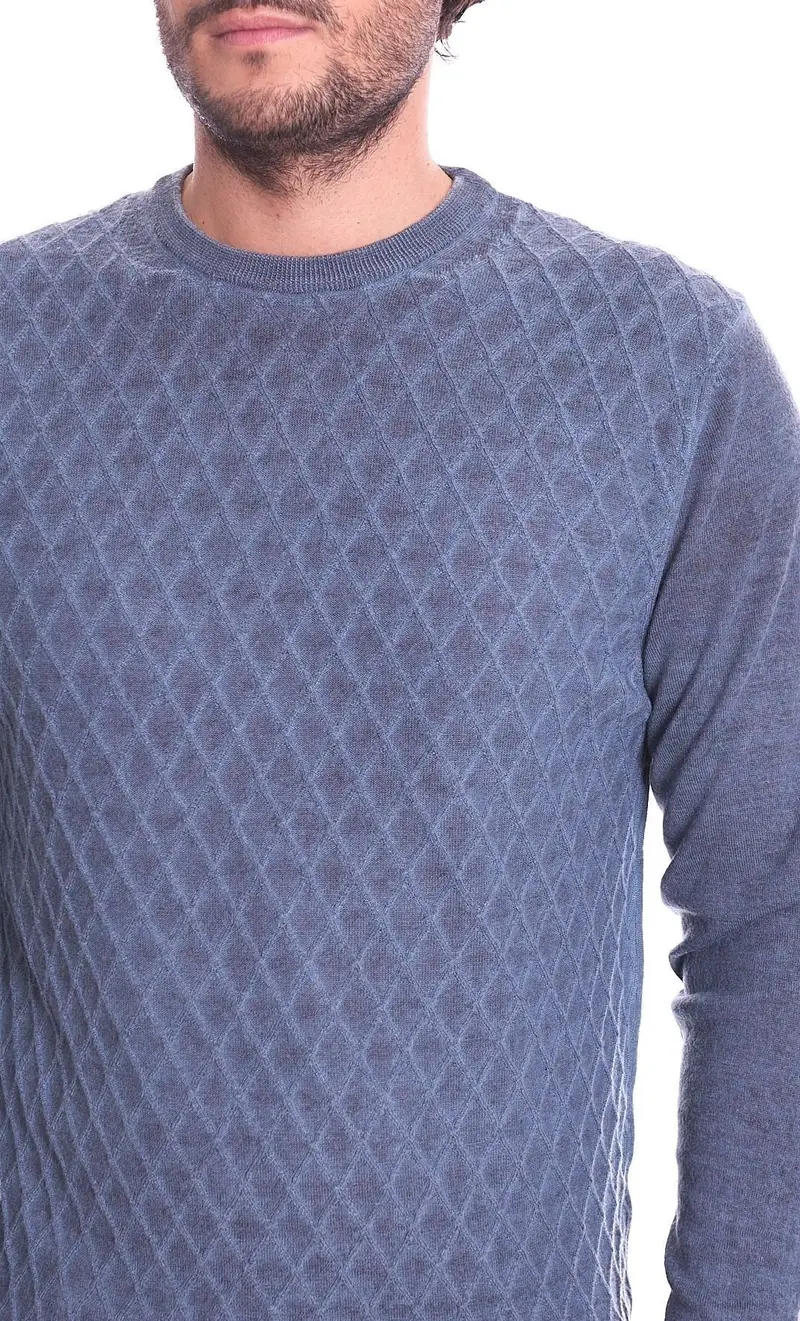 Maglia girocollo a rombi privati firenze in lana merino, colore blu miniatura 2