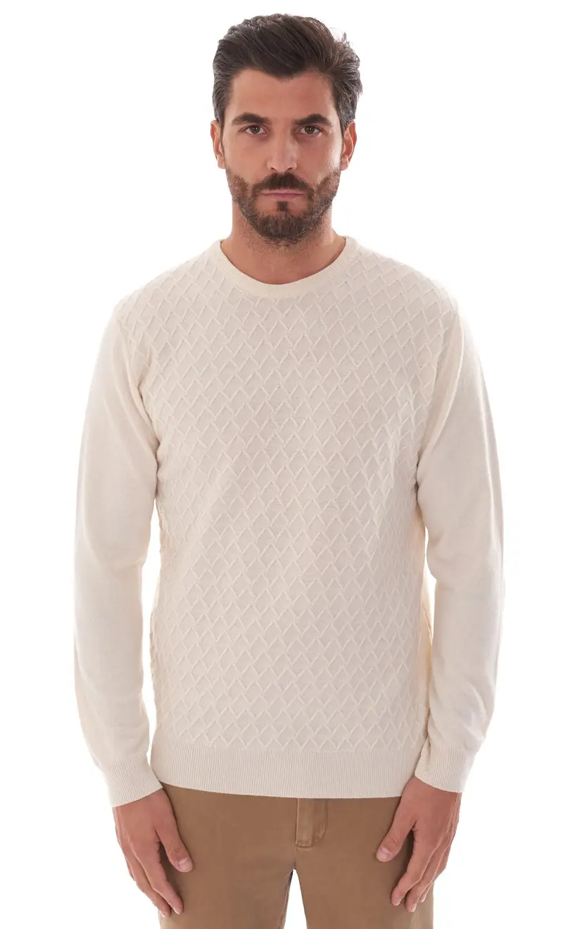 Maglia girocollo a rombi privati firenze lana e cashmere, colore panna
