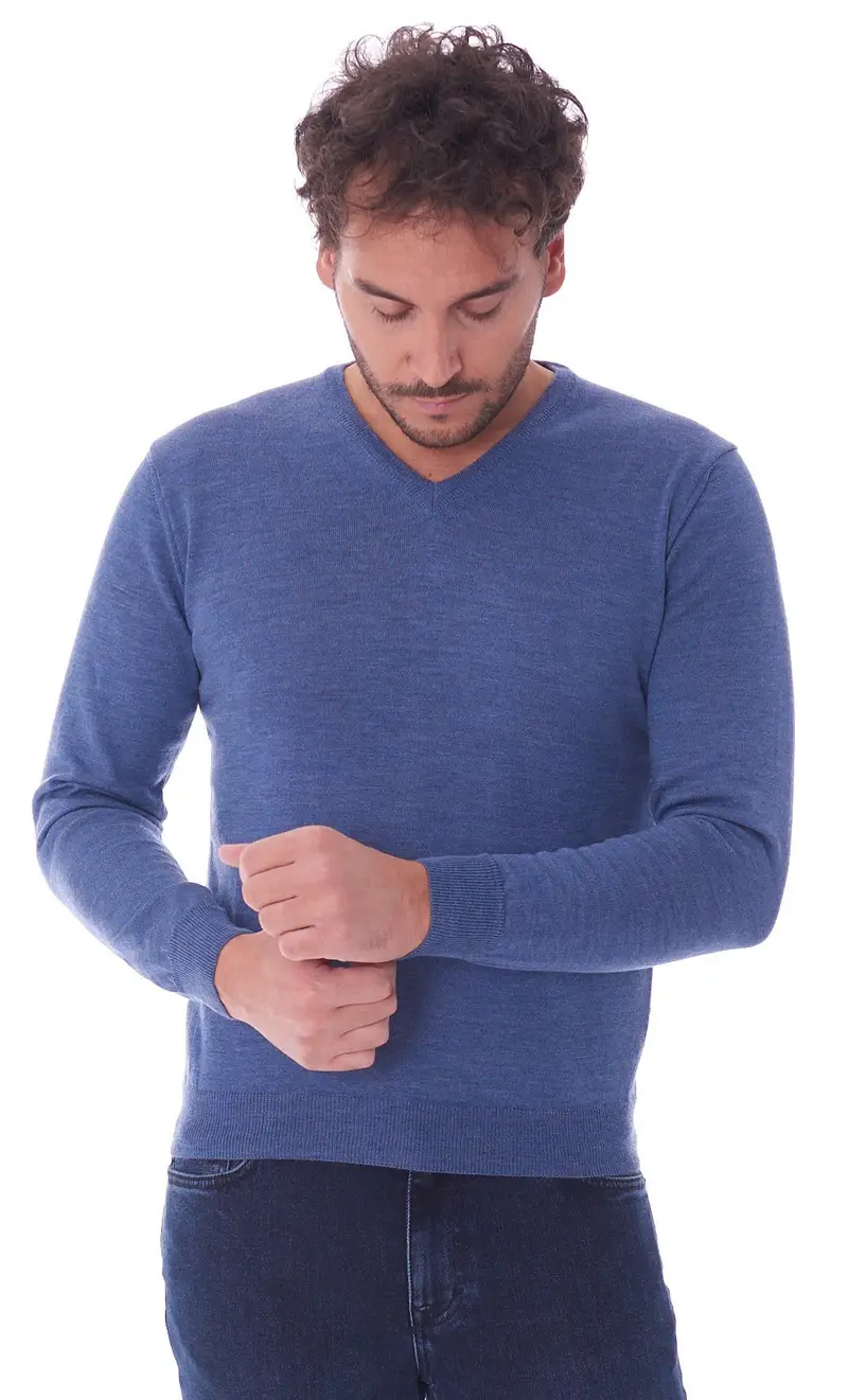Maglia scollo a punta privati firenze in pura lana merino, colore azzurro